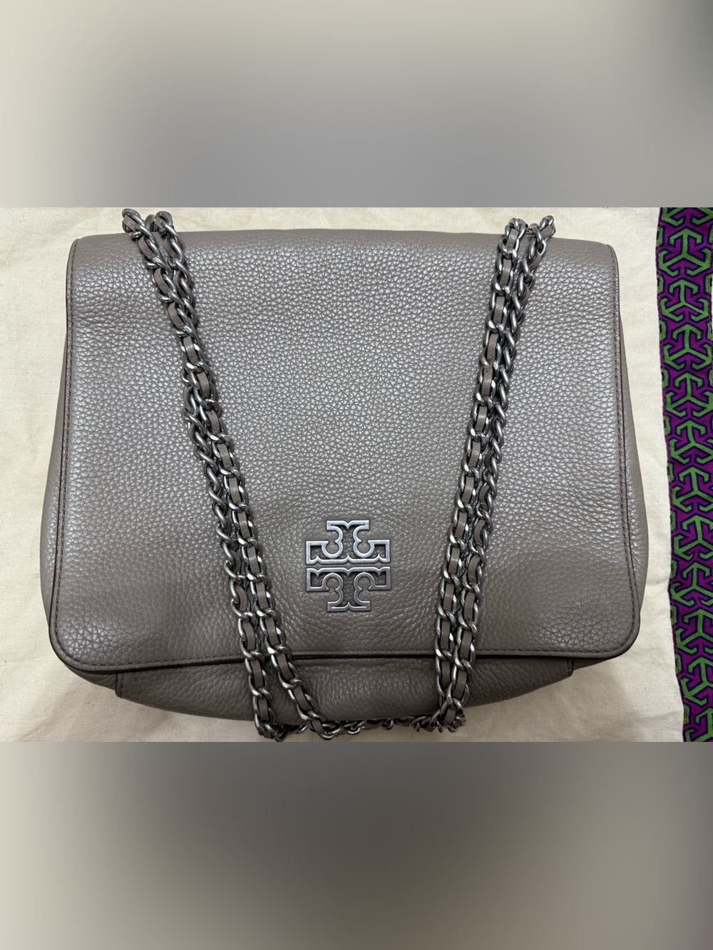 Tory Burch Taupe Pebbled Leather Chain Shoulder Bag - Original